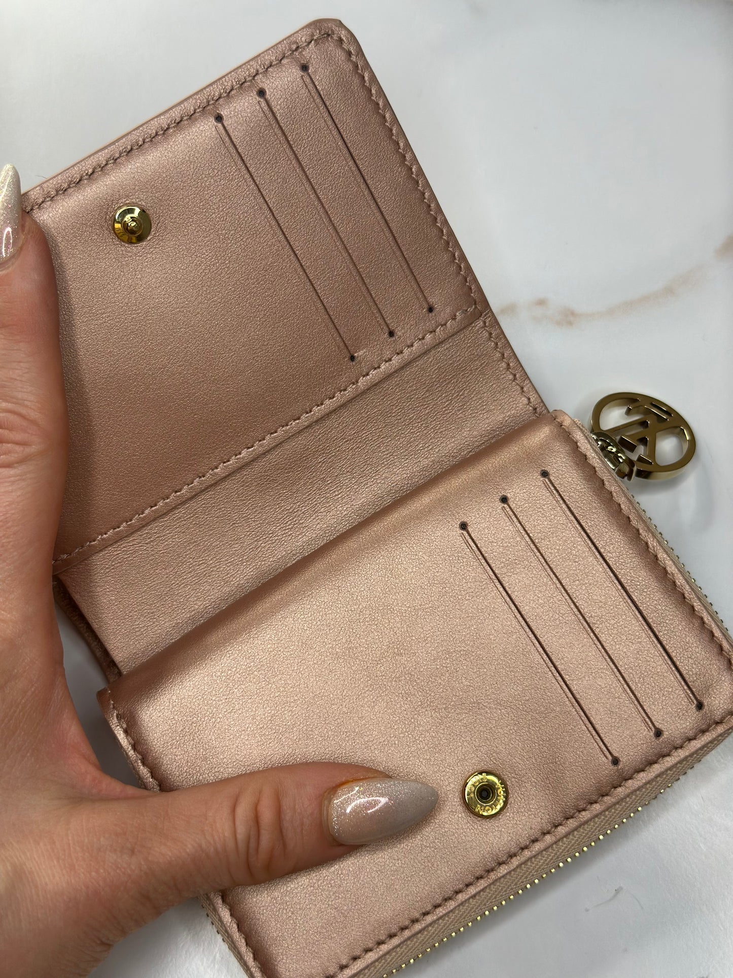 Pre-owned Louis Vuitton Lambskin Embossed Monogram Lou Coussin Wallet Rose Gold
