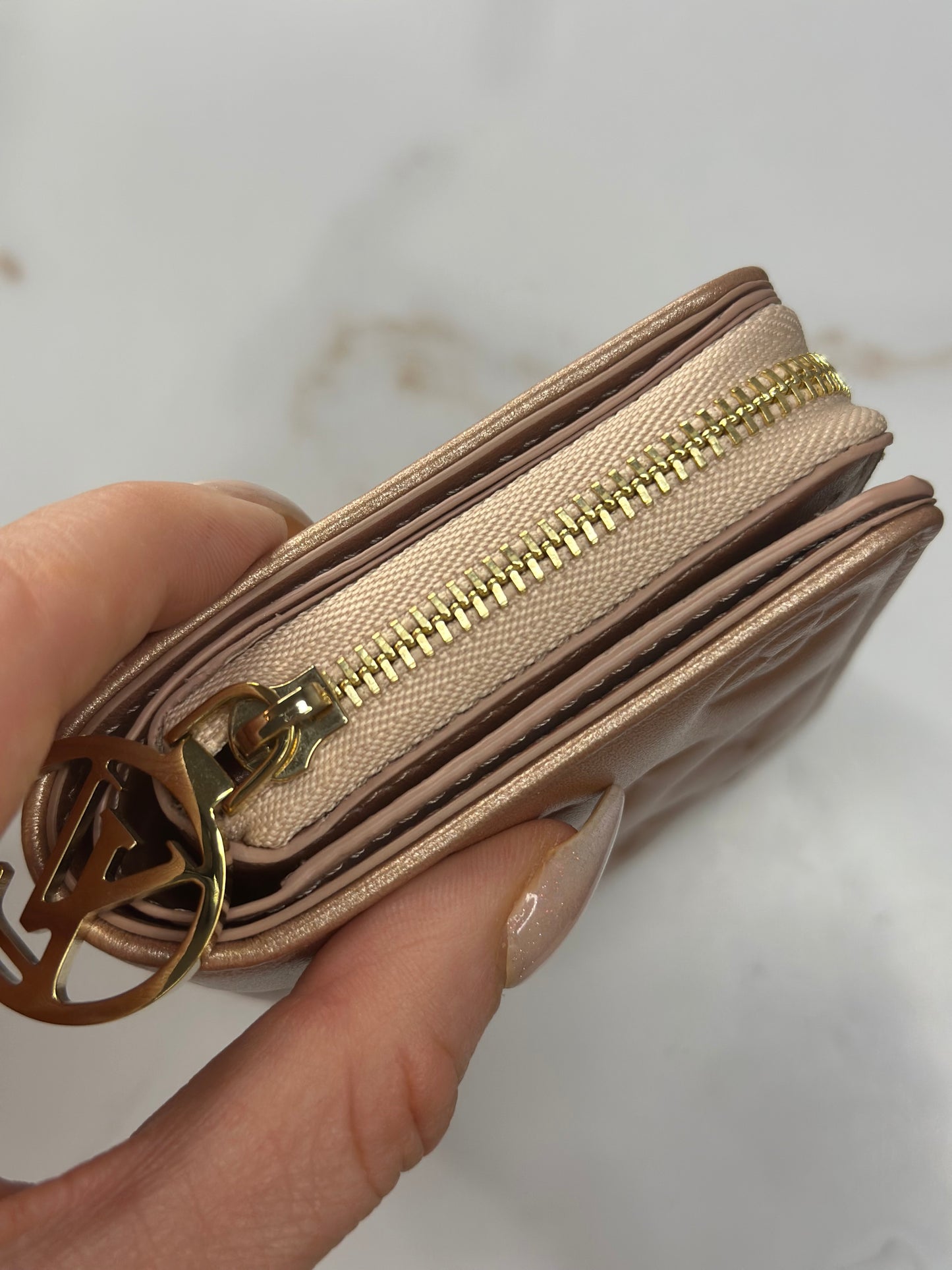 Pre-owned Louis Vuitton Lambskin Embossed Monogram Lou Coussin Wallet Rose Gold