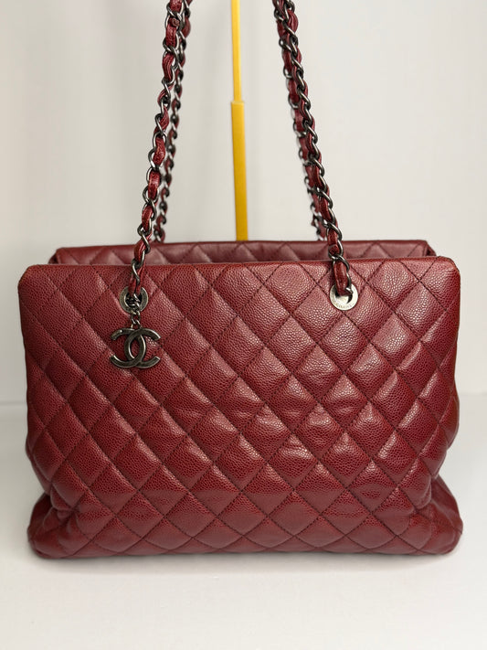 Pre-owned Chanel Burgundy Quilted Caviar Leather Shopping Tote