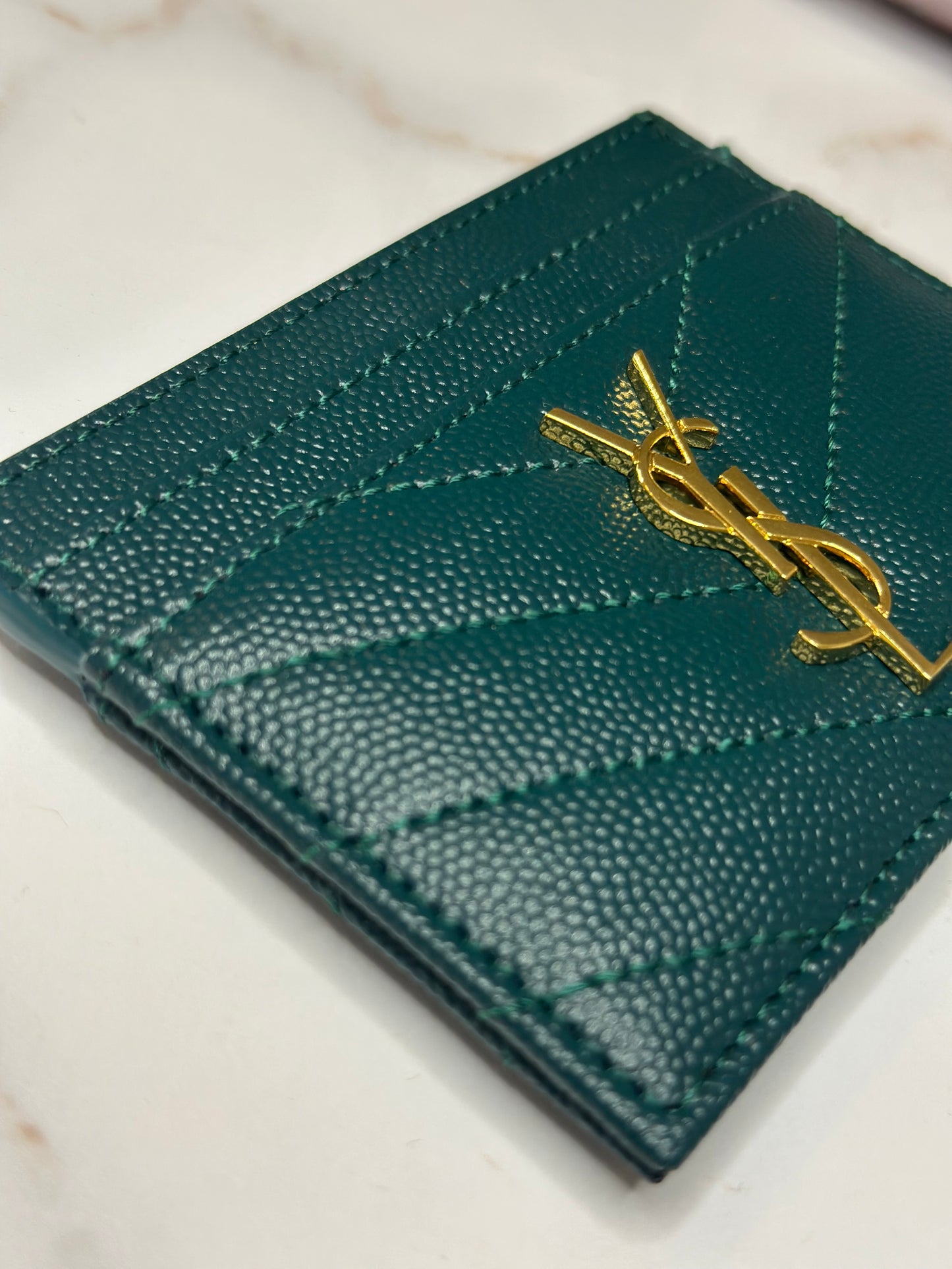 Pre-owned Saint Laurent dark teal grain de poudre card holder