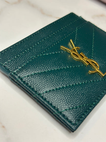 Pre-owned Saint Laurent dark teal grain de poudre card holder