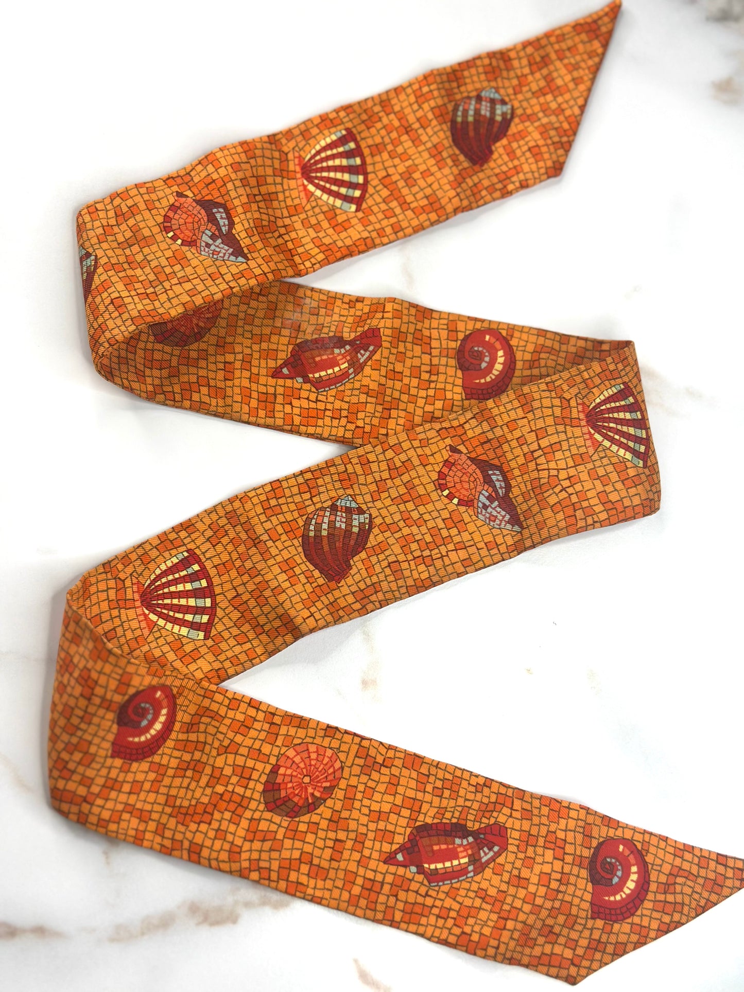 Pre-owned Hermes Silk Scarf Mosaic Seashells Twilly Orange