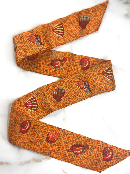 Pre-owned Hermes Silk Scarf Mosaic Seashells Twilly Orange