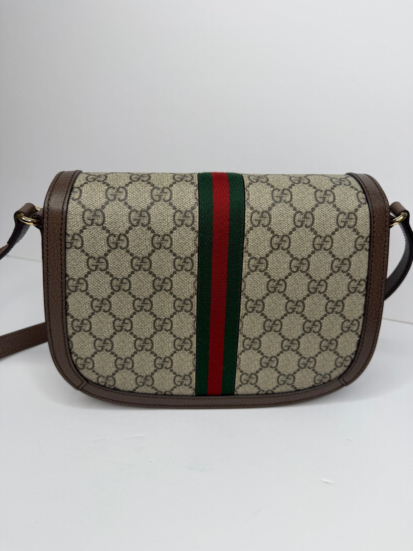 Pre-owned Gucci GG Supreme Monogram Web Small Ophidia Flap Messenger Bag Brown