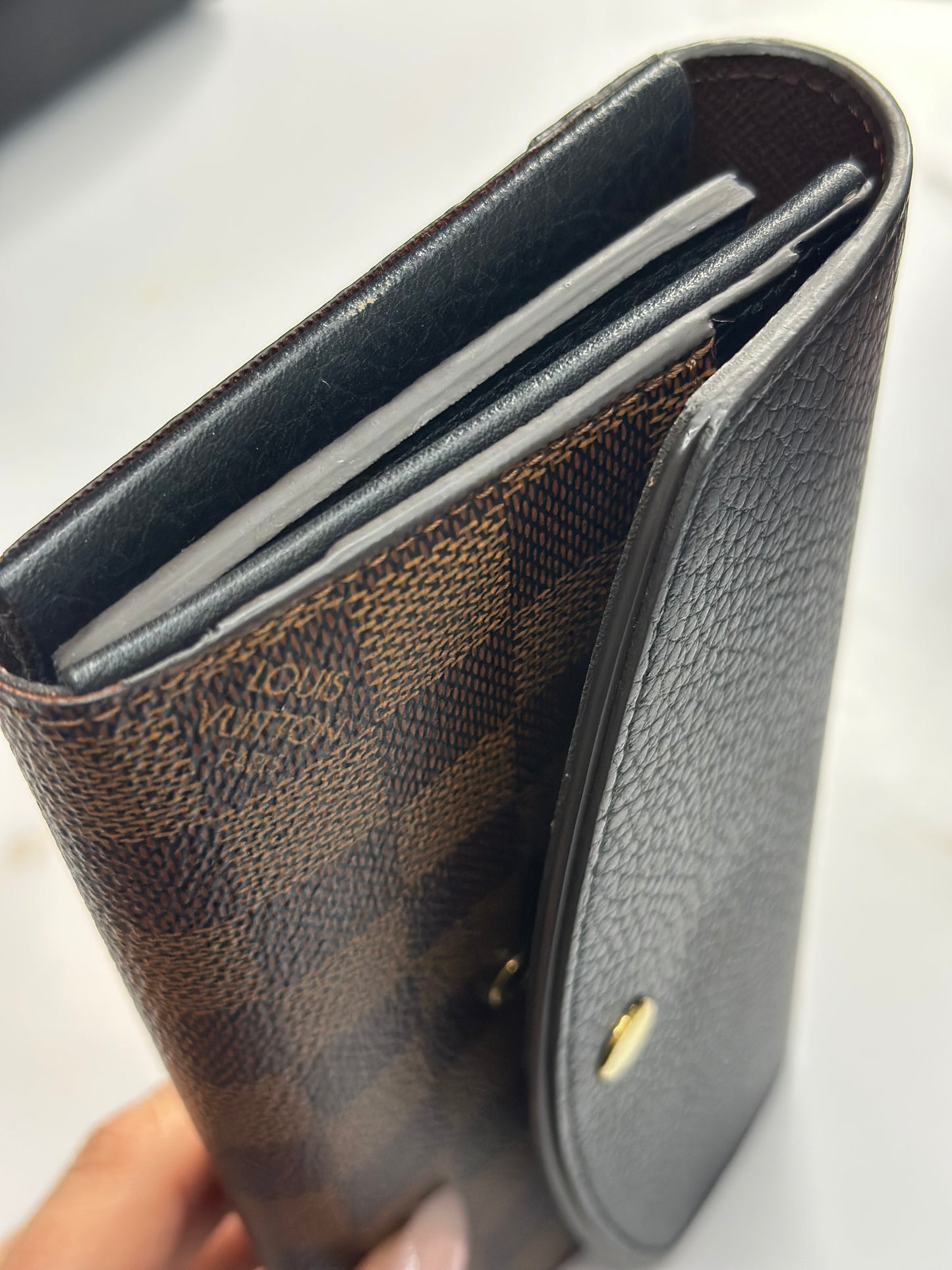 Pre-owned Louis Vuitton Normandy wallet in Damier Ebene canvas and black leather