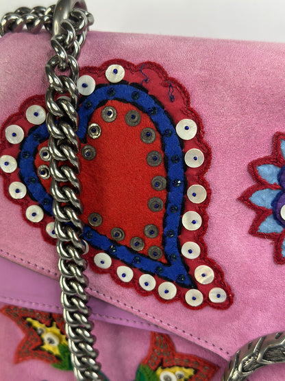 Pre-owned Gucci Dionysus Medium Shoulder Bag in pink suede featuring multicolor floral embroidery and sequin embellishments