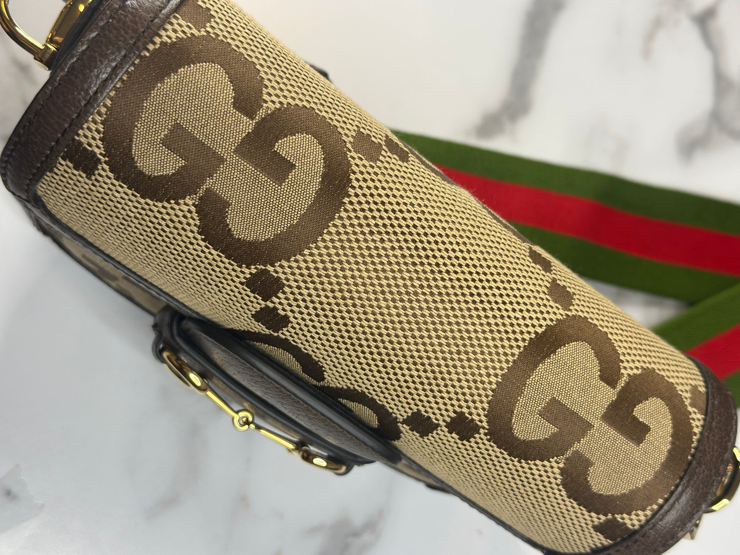 Pre-owned Gucci Horsebit 1955 Mini Shoulder Bag in beige and brown Jumbo GG canvas crossbody