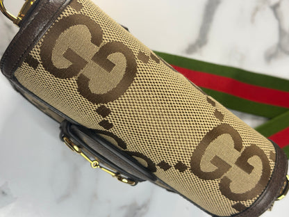 Pre-owned Gucci Horsebit 1955 Mini Shoulder Bag in beige and brown Jumbo GG canvas crossbody