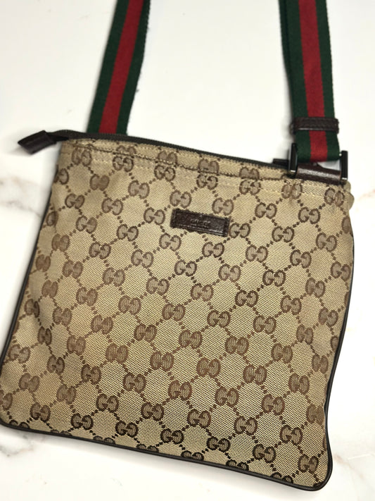 Pre-owned Gucci GG Monogram Web Small Flat Messenger Bag Brown