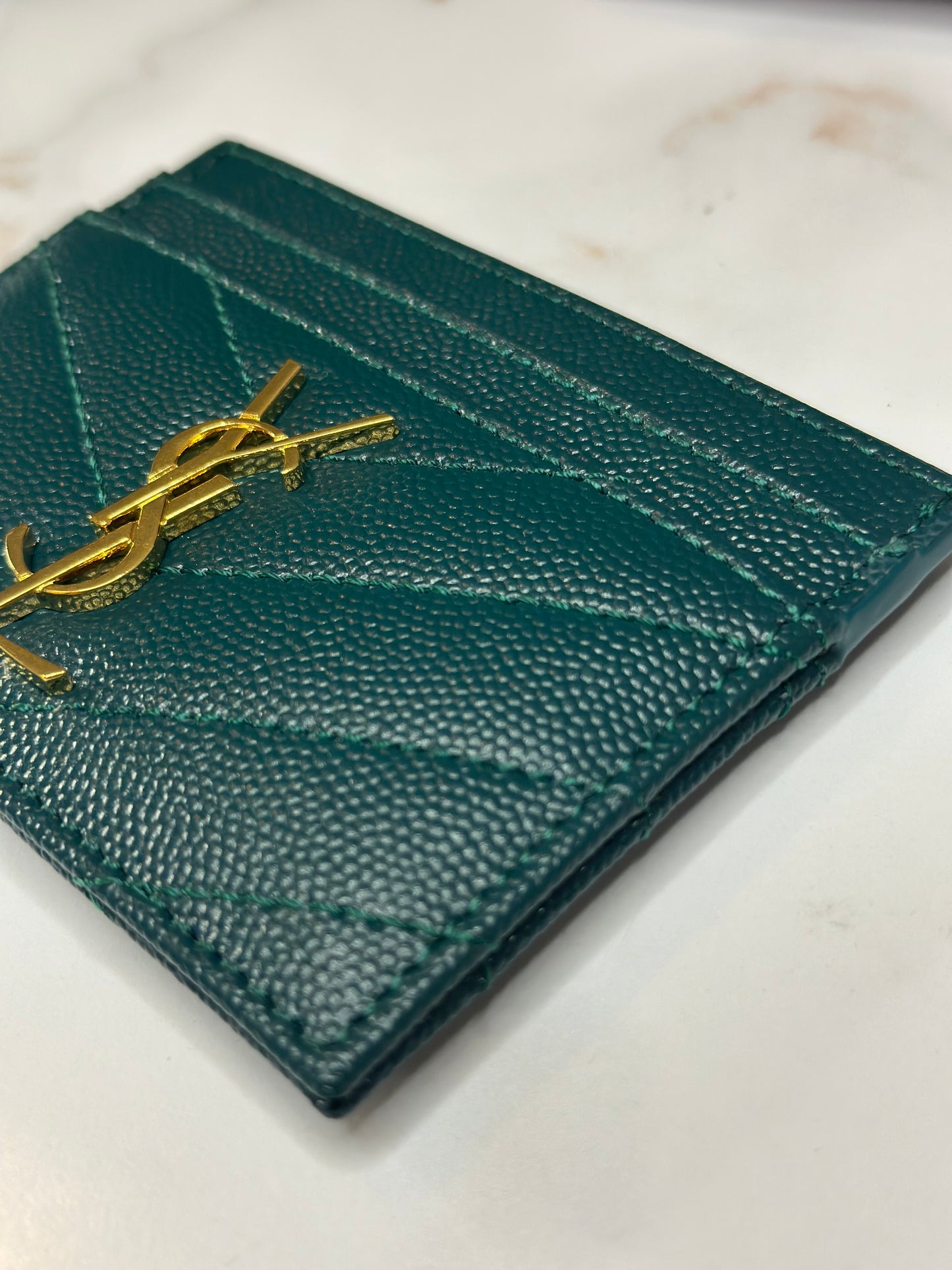 Pre-owned Saint Laurent dark teal grain de poudre card holder