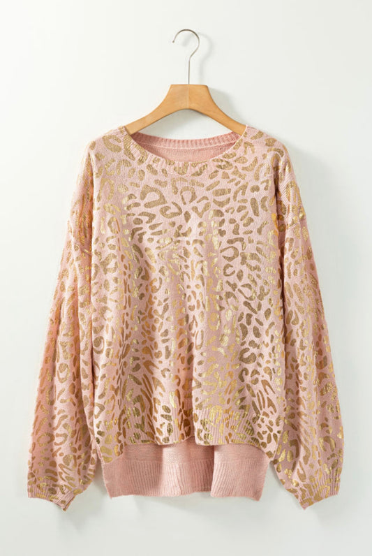 Apricot Glitter Leopard Puff Sleeve Sweater