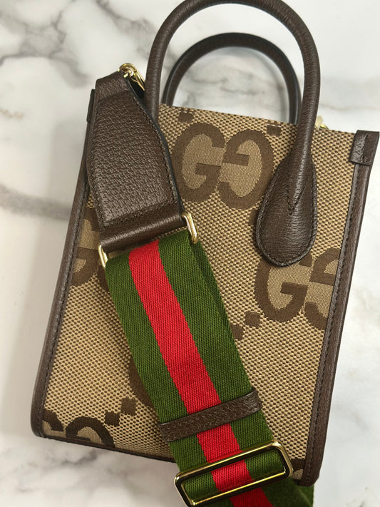 Pre-owned Gucci Monogram Jumbo GG Textured Dollar Calfskin Web Mini Vertical Tote Camel Ebony crossbody