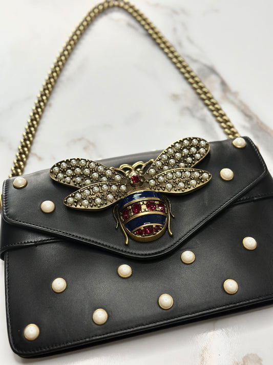 Pre-owned Gucci Nappa Pearl Studded Mini Queen Margaret Broadway Shoulder Bag Black
