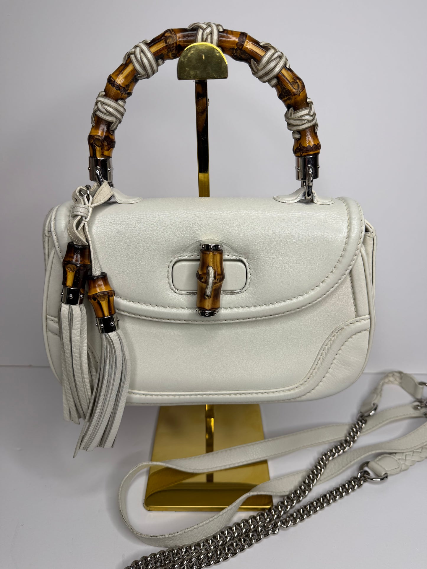 Pre-owned Gucci Bamboo Top Handle Bag Leather white leather