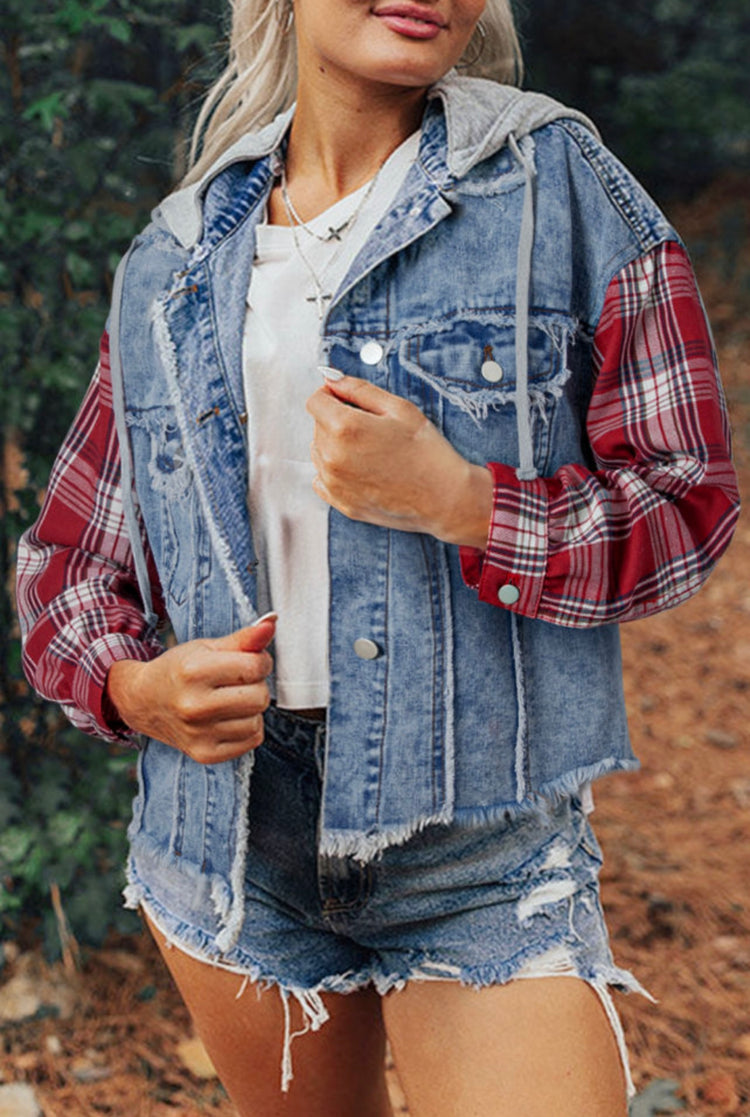 Plaid Patchwork Raw Hem Denim Jacket