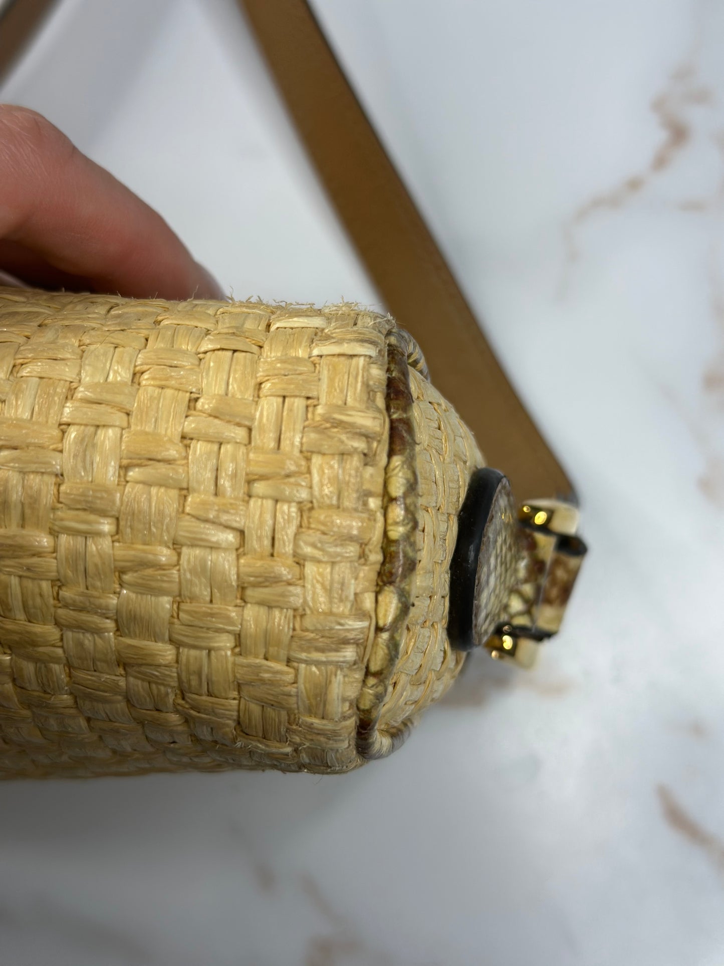 Pre-owned Gucci Raffia Elaphe Mini Ophidia Shoulder Bag Natural Cream Brown